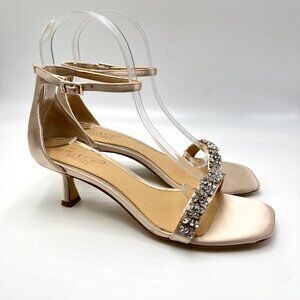 Jewel Badgley Mischka‎ Size 6.5 Champagne Satin Dress Sandals Kitten Heels Shoes